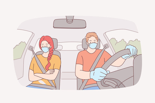 Traveling, Using Taxi, Wearing Face Mask During COVID-19 Pandemic. Young Sad Unhappy Couple Cartoon Characters Sitting Inside Car In Protective Medical Masks During Journey Ride Illustration