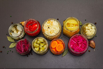 Assorted of fermented vegetables in glass jars