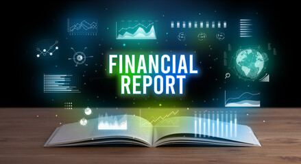 FINANCIAL REPORT inscription coming out from an open book, creative business concept