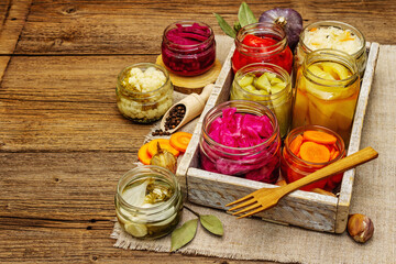 Assorted of fermented vegetables in glass jars