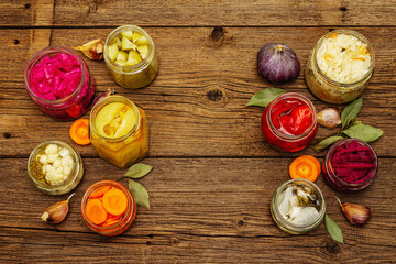 Assorted of fermented vegetables in glass jars