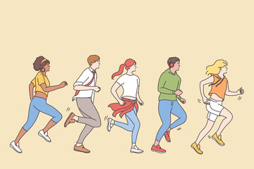 Competition, quick lifestyle, challenge concept. Group of people runners cartoon characters in casual clothing jogging and competing with each other outdoors illustration