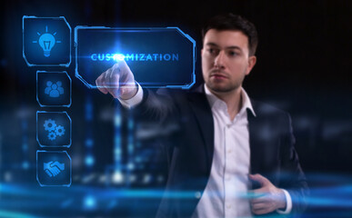 Business, Technology, Internet and network concept. Young businessman working on a virtual screen of the future and sees the inscription: Customization