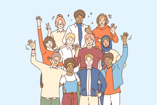 Unity in Multicultural diversity, team and friendship concept. People of different nationalities and religions members of multicultural society standing waving hands to camera vector illustration