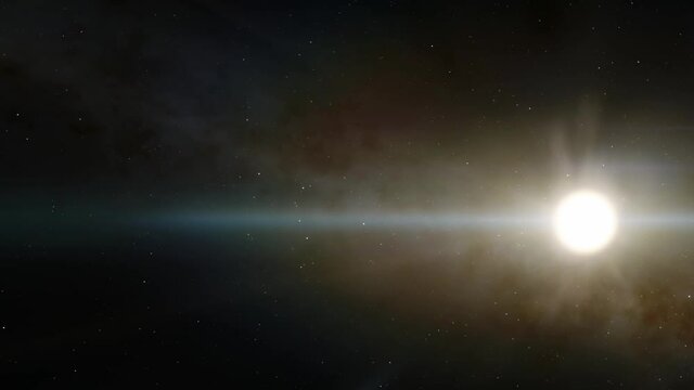 Exploration of galaxies through outer space towards a bright milky-way galaxy. 4K looping animation of flying through bright nebulae, clouds, and star fields. 