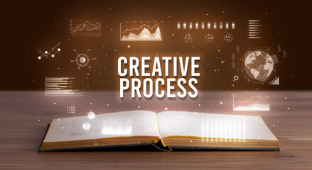 CREATIVE PROCESS inscription coming out from an open book, creative business concept