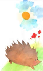 an illustration of a brown hedgehog on a green flowery meadow.