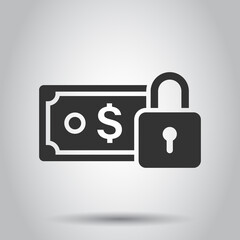 Dollar banknote with lock icon in flat style. Dollar cash safe vector illustration on white isolated background. Banknote bill security business concept.
