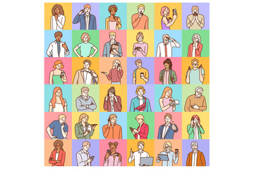 Avatars, people diversity worldwide concept. Portraits of different people of various age and race doing everyday things and having various facial expressions isolated on colourful backgrounds
