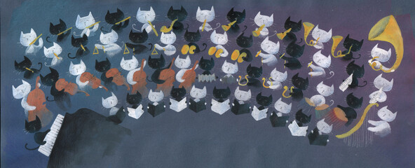 black and white cats symphonic orchestra playing © ana
