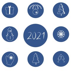 Set of Christmas icons with a Christmas tree, snowman and numbers on a blue background