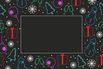 Christmas card with snowman, glasses, Christmas tree and frame on dark background