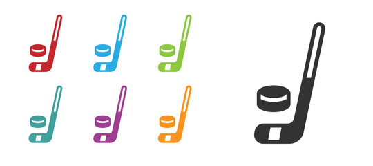 Black Ice hockey stick and puck icon isolated on white background. Set icons colorful. Vector.