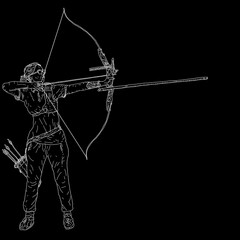 Sketches silhouettes attractive female archer bending a bow and aiming in the target