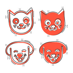 Dog and cat head icon in comic style. Cute pet cartoon vector illustration on white isolated background. Animal splash effect business concept.