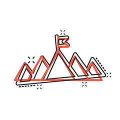 Mission champion icon in comic style. Mountain cartoon vector illustration on white isolated background. Leadership splash effect business concept.