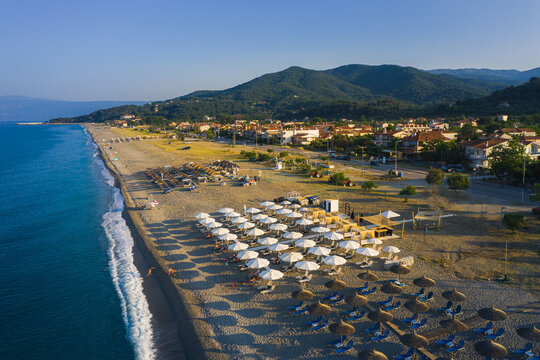 Agiokampos city aerial view and  beach on Kato Sotiritsa, Greece