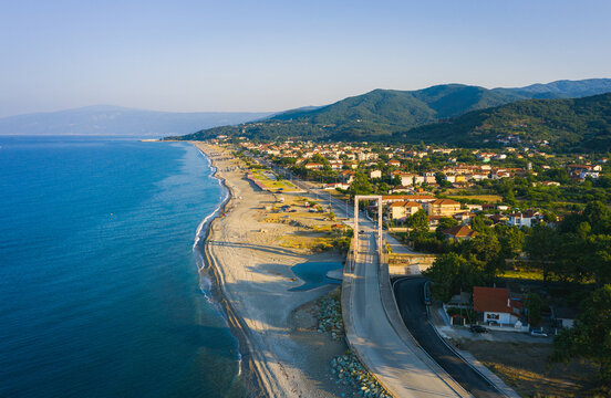 Agiokampos city aerial view and  beach on Kato Sotiritsa, Greece
