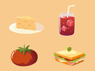 food icons set tomato juice sandwich and cheese