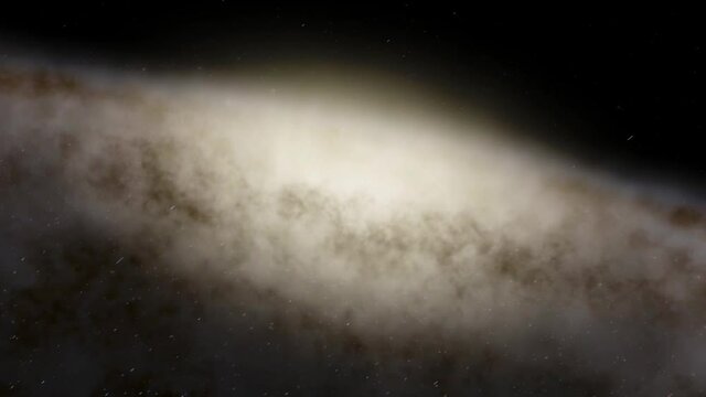 Exploration of galaxies through outer space towards a bright milky-way galaxy. 4K looping animation of flying through bright nebulae, clouds, and star fields. 
