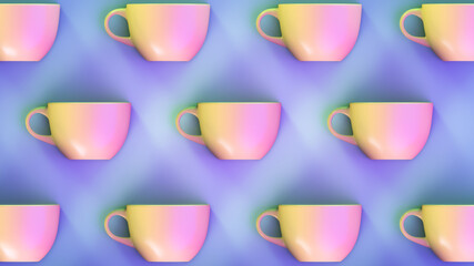 Tableware theme backdrop. Bright beautiful ceramic mugs on a blue background.