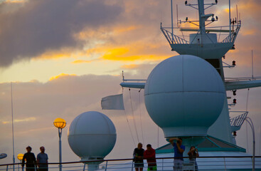 Dream vacation on classic Astor cruiseship or cruise ship liner during sunrise sunset twilight at...