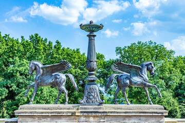 detail of pegasus in the Belvedere palace in the New Garden on the Pfingstberg hill in Potsdam,...
