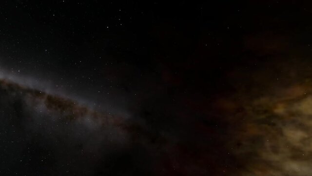 Exploration of galaxies through outer space towards a bright milky-way galaxy. 4K looping animation of flying through bright nebulae, clouds, and star fields. 