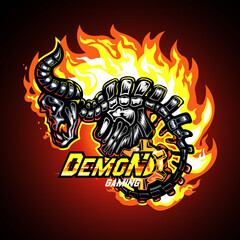 Demon skeleton on fire, Mascot logo vector illustration.