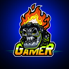 Cyberpunk skull fire head, Mascot logo, Vector illustration.