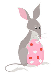 Cartoon illustration of cute bilby mascot holding big pink Easter egg, little bandicoot Australian holiday symbol for greeting cards and posters isolated on white background