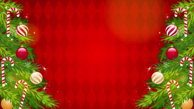 Christmas Background - 4K loop animation. Christmas trees on red argyle pattern background with sparkle stars