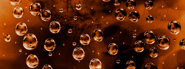 Soda bubbles, drops on glass, cola drink bubble background banner