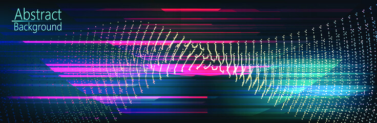 Abstract 3D mesh background with circles and particles on a dark background. Music background equalizer concept. Retro futuristic background 1980s style. sun glitch.