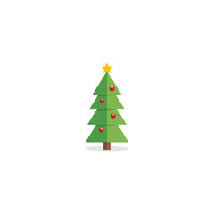 Flat Christmas Tree with yellow star and decoration balls, holiday vector illustration, isolated on background