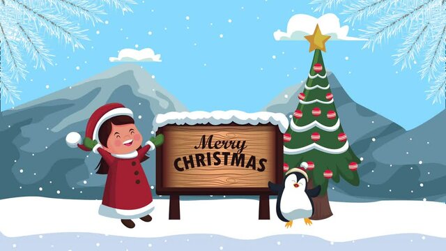 happy merry christmas animation with girl and penguin