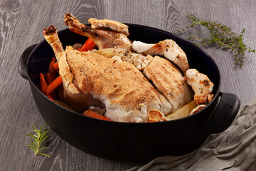 Salt crusted chicken with vegetable.