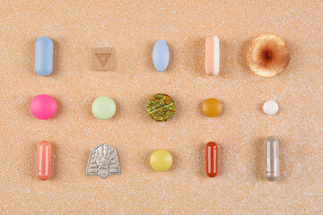 Medication collection. Various colorful drugs, pills and tablets.
