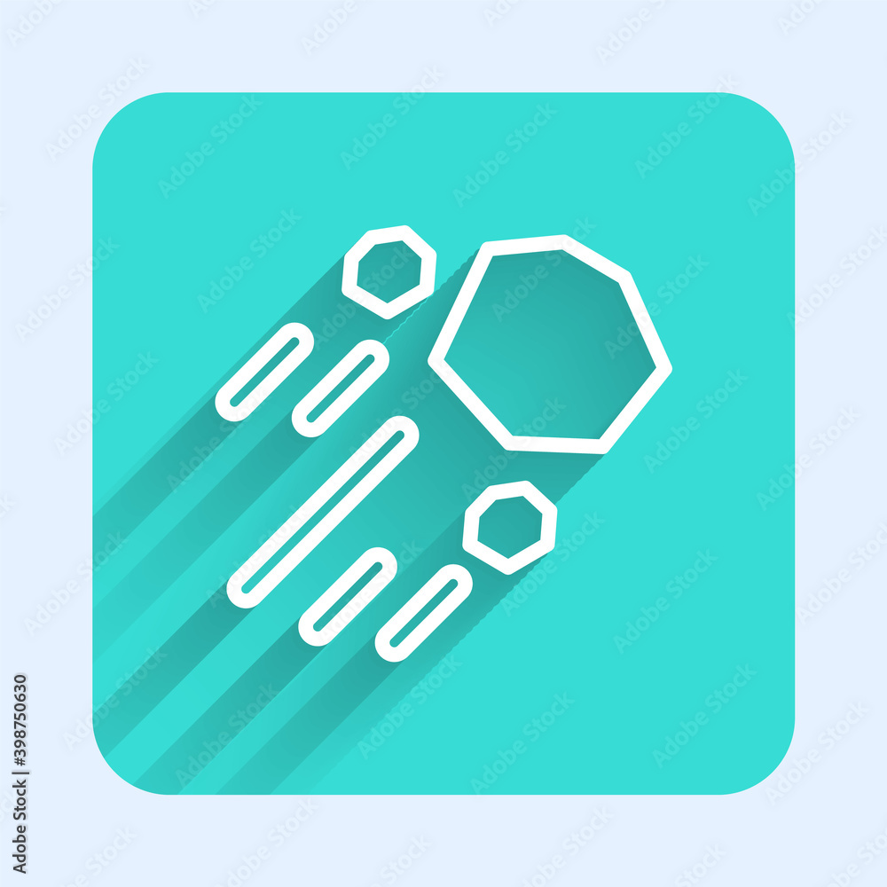 Poster white line flying stone icon isolated with long shadow. green square button. vector.