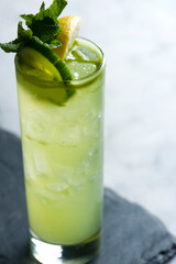 Mojito Cocktail. Alcoholic Drinks made with gin, vodka, rum or whiskey mixed with soda water, fruit juices and garnishes with limes and cherries. Classic American bar drinks.
