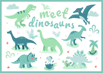Meet dinosaurs - flat design style illustration with characters