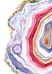 Agate watercolor, agate crystal slices, semi-precious stone, beautiful pattern, color illustration on a white background, rock, modern gemstone card