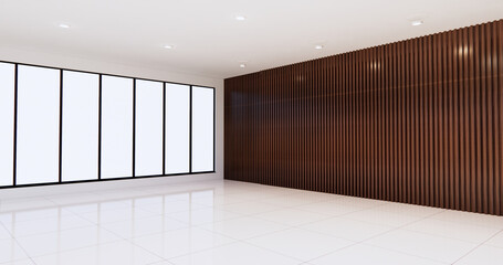 The Empty room with white floor on wall wooden design.3D rendering