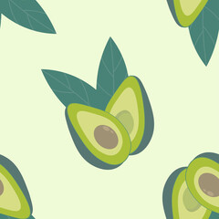 Avocado seamless vector illustration. Halved fruit with leaves on green background.