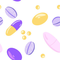 Pills and medical tablets seamless pattern on a white background.