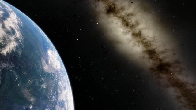 Beautiful sunrise over Earth. View from the space satellite. Cities at night. Change from Night to Day 3d Animation Rising Bright Sun. Modern business and technology concept. 4K Ultra HD.