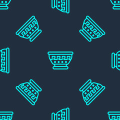 Green line Greek ancient bowl icon isolated seamless pattern on blue background. Antique amphora with patterns collection. Ancient Greece bowl.  Vector.