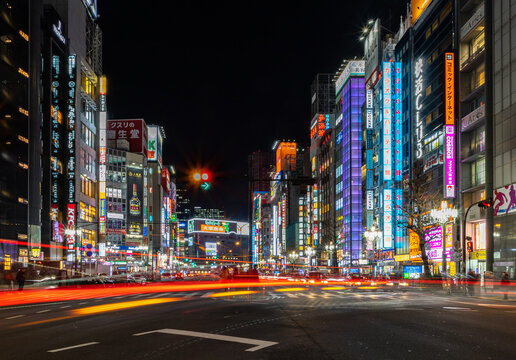 Tokyo, Japan - January 15, 2020: A picture of the Yasukuni-dori Ave, in Shinjuku City, at night.