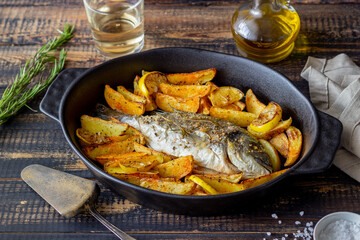 Dorado or sea bream baked with potatoes and lemon. Healthy eating. Diet.