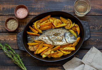 Dorado or sea bream baked with potatoes and lemon. Healthy eating. Diet.